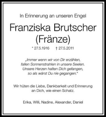 Anzeige von Franziska Brutscher von Schwäbische Zeitung