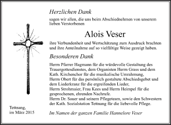 Anzeige von Alois Veser von Schwäbische Zeitung