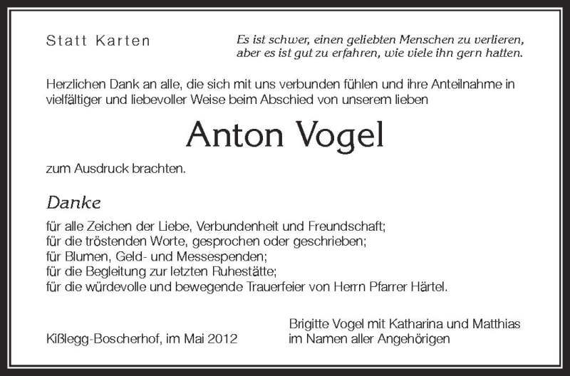  Traueranzeige für Anotn Vogel vom 30.05.2012 aus Schwäbische Zeitung