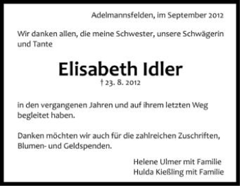 Anzeige von Elisabeth Idler von Schwäbische Zeitung