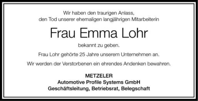  Traueranzeige für Emma Lohr vom 27.09.2012 aus Schwäbische Zeitung