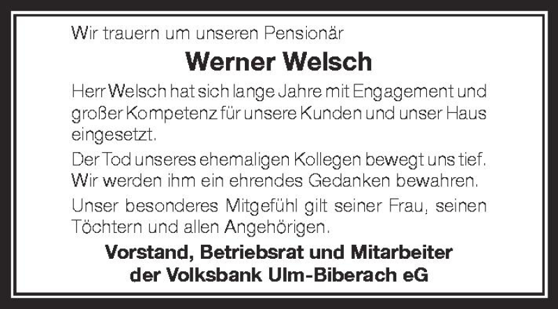  Traueranzeige für Werner Welsch vom 04.07.2012 aus Schwäbische Zeitung