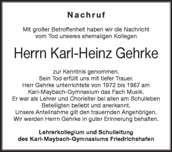 Anzeige von Karl-Heinz Gehrke von Schwäbische Zeitung