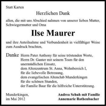 Anzeige von Ilse Maurer von Schwäbische Zeitung