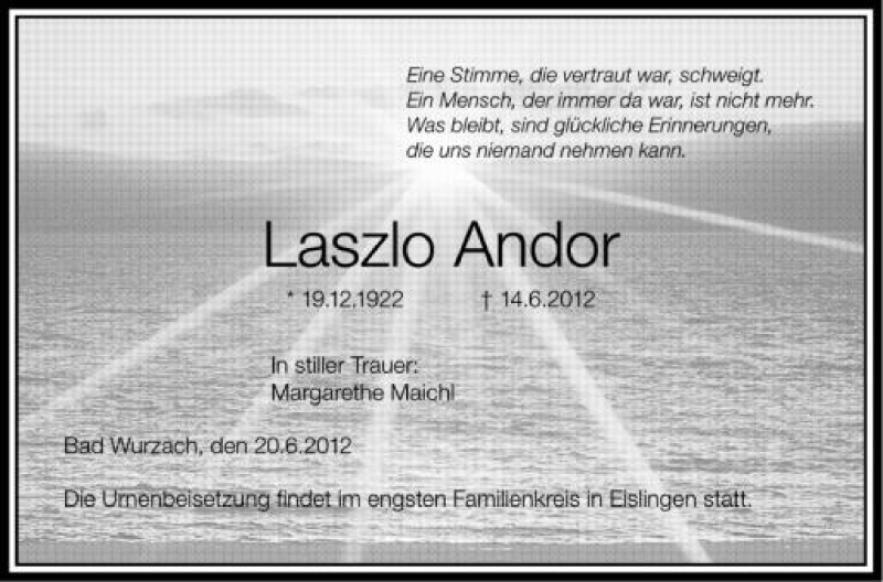 Traueranzeige für Laszlo Andor vom 20.06.2012 aus Schwäbische Zeitung