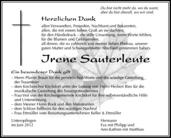 Anzeige von Irene Sauterleute von Schwäbische Zeitung