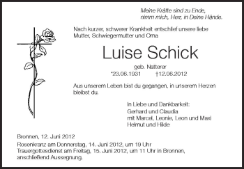 Anzeige von Luise Schick von Schwäbische Zeitung