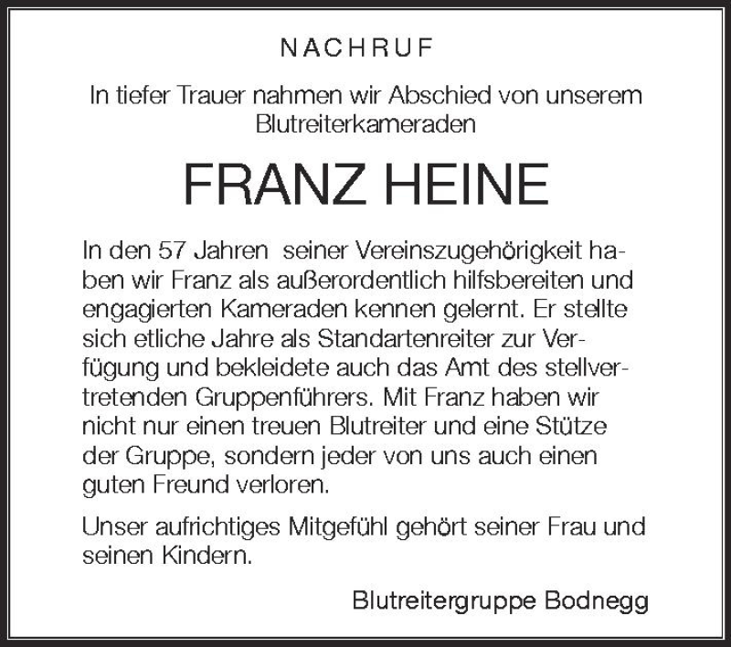  Traueranzeige für Franz Heine vom 09.05.2012 aus Schwäbische Zeitung