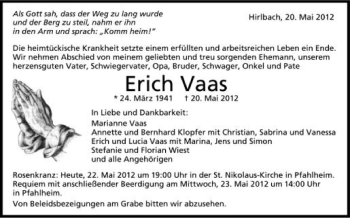 Anzeige von Erich Vaas von Schwäbische Zeitung