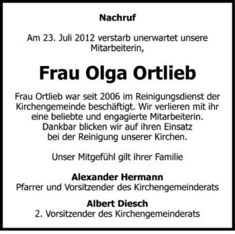  Traueranzeige für Olga Ortlieb vom 31.07.2012 aus Schwäbische Zeitung