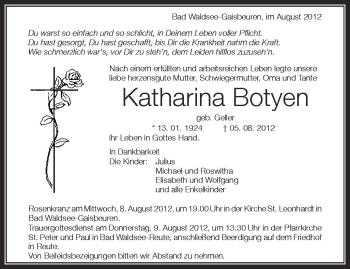 Anzeige von Katharina Botyen von Schwäbische Zeitung