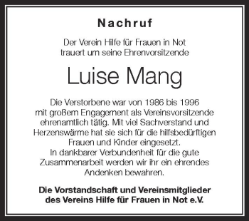 Anzeige von Luise Mang von Schwäbische Zeitung