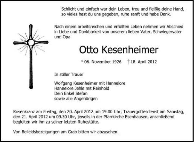  Traueranzeige für Otto Kesenheimer vom 20.04.2012 aus Schwäbische Zeitung