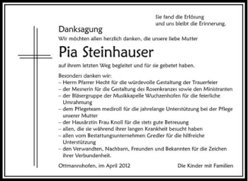 Anzeige von Pia Steinhauser von Schwäbische Zeitung