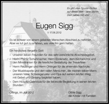 Anzeige von Eugen Sigg von Schwäbische Zeitung