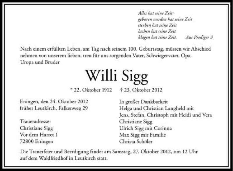  Traueranzeige für Willi Sigg vom 25.10.2012 aus Schwäbische Zeitung