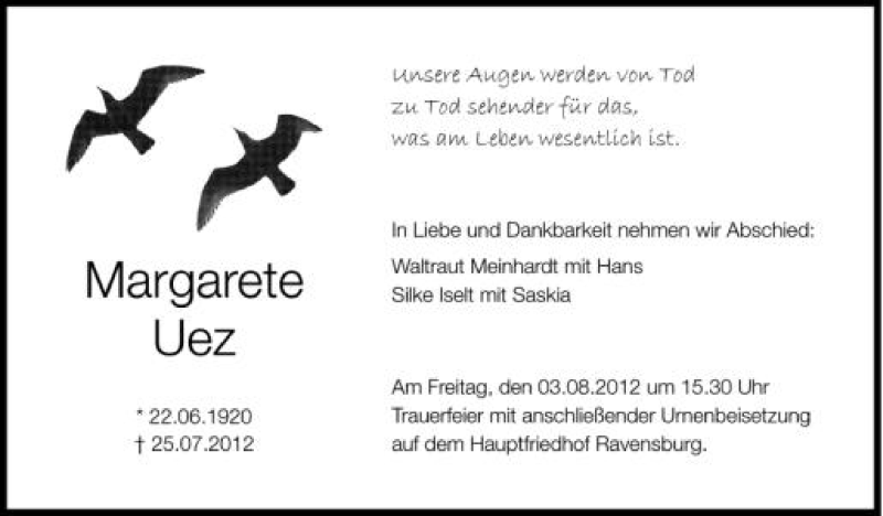  Traueranzeige für Margarete Uez vom 01.08.2012 aus Schwäbische Zeitung
