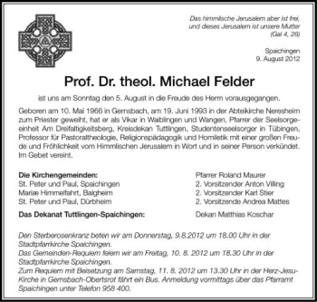 Anzeige von Michael Felder von Schwäbische Zeitung