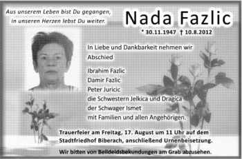 Anzeige von Nada Fazlic von Schwäbische Zeitung