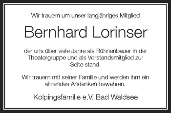 Anzeige von Bernhard Lorinser von Schwäbische Zeitung