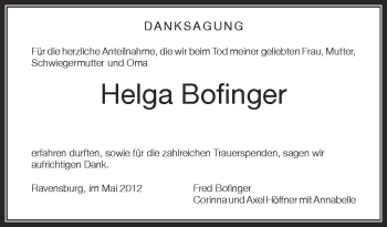 Anzeige von Helga Bofinger von Schwäbische Zeitung
