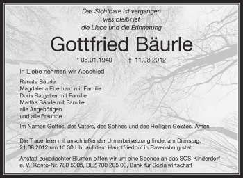 Anzeige von Gottfried Bäurle von Schwäbische Zeitung