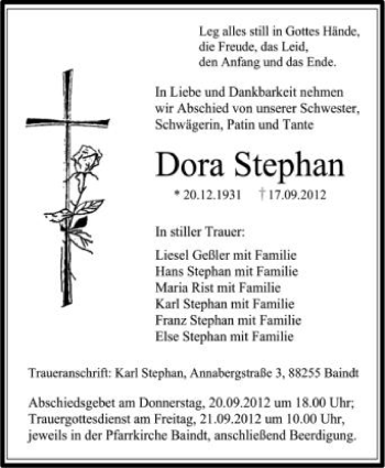 Anzeige von Dora Stephan von Schwäbische Zeitung