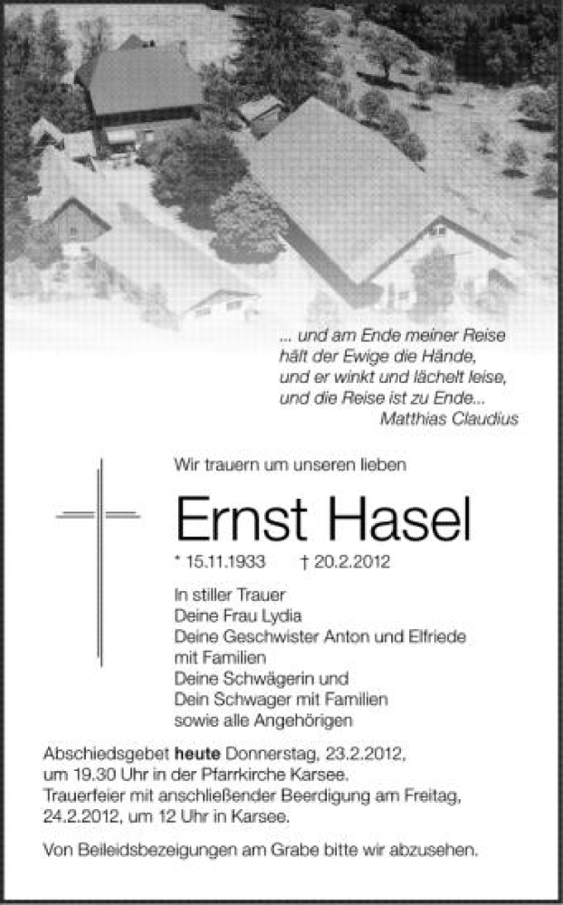  Traueranzeige für Ernst Hasel vom 23.02.2012 aus Schwäbische Zeitung