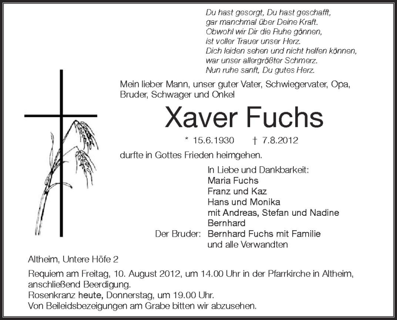  Traueranzeige für Xaver Fuchs vom 09.08.2012 aus Schwäbische Zeitung