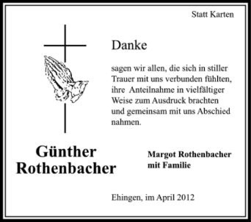  Traueranzeige für Günther Rothenbacher vom 23.04.2012 aus Schwäbische Zeitung