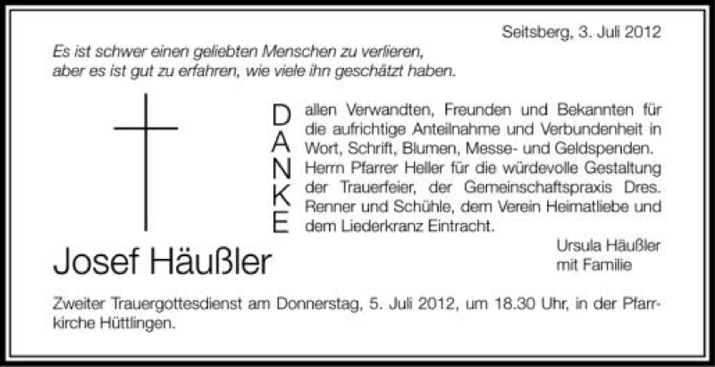  Traueranzeige für Josef Häußler vom 03.07.2012 aus Schwäbische Zeitung