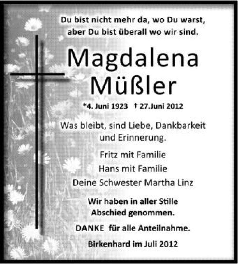  Traueranzeige für Magdalena Müßler vom 07.07.2012 aus Schwäbische Zeitung