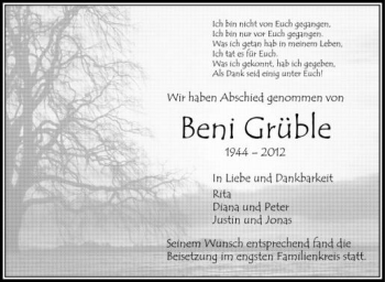 Anzeige von Beni Grüble von Schwäbische Zeitung