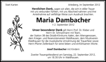 Anzeige von Maria Dambacher von Schwäbische Zeitung