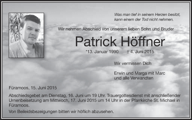  Traueranzeige für Patrick Höffner vom 15.06.2015 aus Schwäbische Zeitung