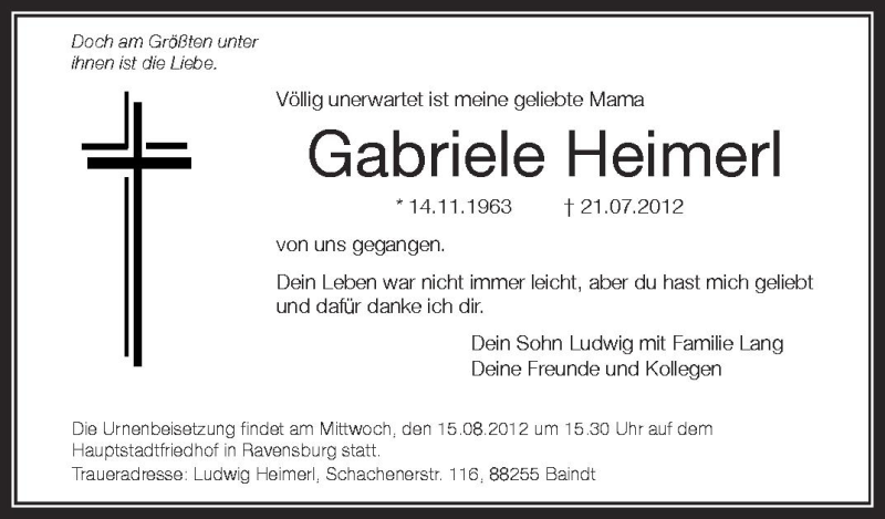  Traueranzeige für Gabriele Heimerl vom 13.08.2012 aus Schwäbische Zeitung