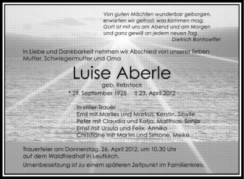 Anzeige von Luise Aberle von Schwäbische Zeitung