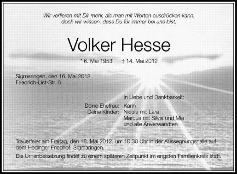  Traueranzeige für Volker Hesse vom 16.05.2012 aus Schwäbische Zeitung