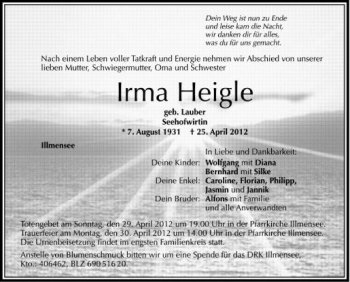 Anzeige von Irma Heigle von Schwäbische Zeitung