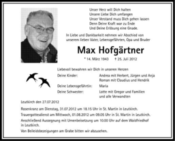 Anzeige von Max Hofgärtner von Schwäbische Zeitung