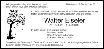 Anzeige von Walter Eiseler von Schwäbische Zeitung