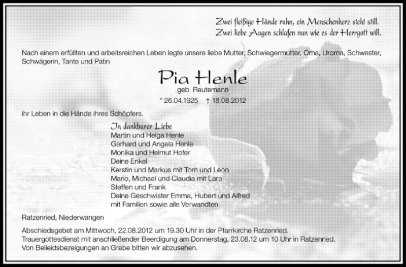  Traueranzeige für Pia Henle vom 21.08.2012 aus Schwäbische Zeitung