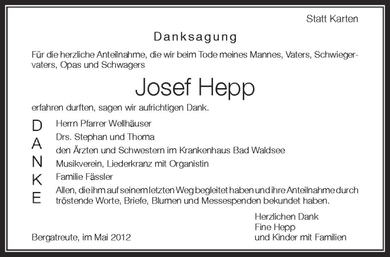  Traueranzeige für Josef Hepp vom 09.05.2012 aus Schwäbische Zeitung