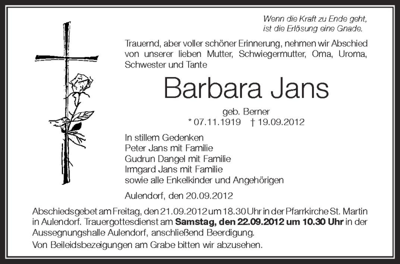  Traueranzeige für Barbara Jans vom 21.09.2012 aus Schwäbische Zeitung