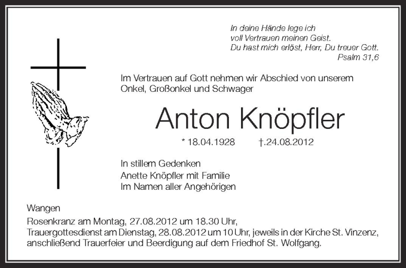  Traueranzeige für Anton Knöpfler vom 25.08.2012 aus Schwäbische Zeitung