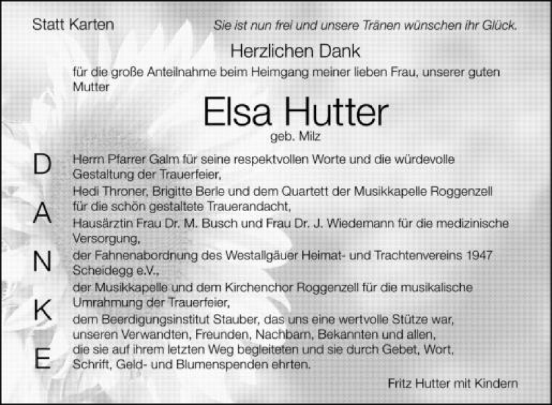  Traueranzeige für Elsa Hutter vom 16.05.2012 aus Schwäbische Zeitung