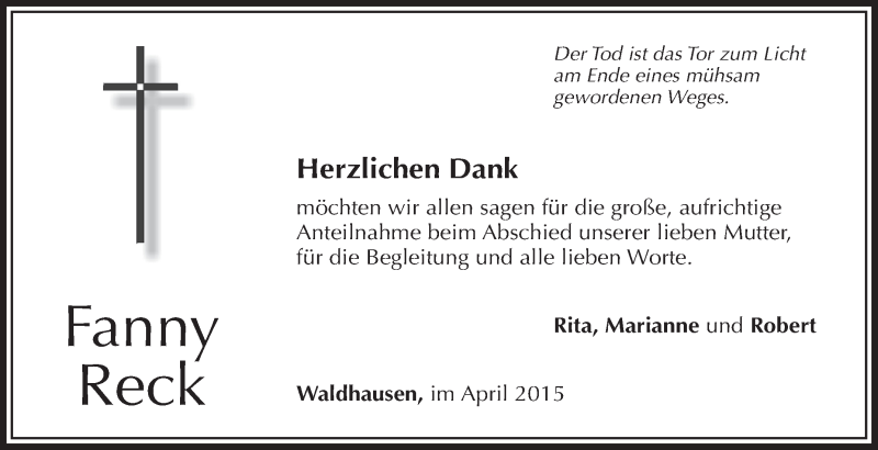  Traueranzeige für Fanny Reck vom 07.04.2015 aus Schwäbische Zeitung