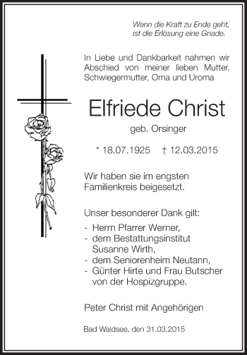 Anzeige von Elfriede Christ von Schwäbische Zeitung