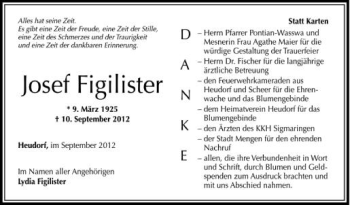 Anzeige von Josef Figilister von Schwäbische Zeitung