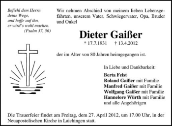 Anzeige von Dieter Gaißer von Schwäbische Zeitung